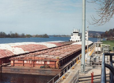 Towboat Frank H. Peavey and tow downbound Lock #4, Mississippi River, Alma, WI. 10/19/91.