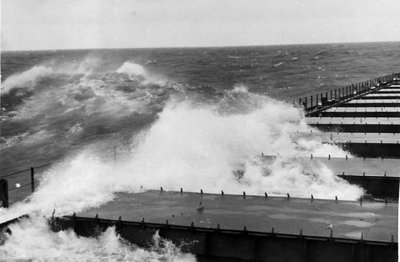 C M White taking seas over the top in NW Storm off Long Point, Lake Erie - Oct 1976