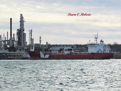 Colorful chem Tanker Iver Bright at the lower Sarnia fuel dock.