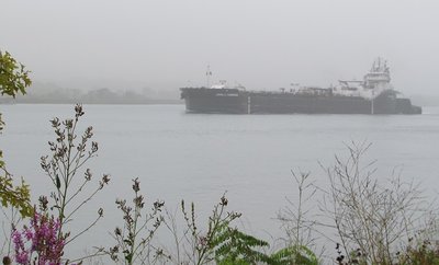 Tug Victorious and fuel barge John J. Carrick approach Sarnia in a light fog.