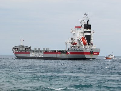 The saltie Vancouverborg (Netherlands), in ballast to Burns Harbor, gets a pilot change north of the Bluewater Bridges.