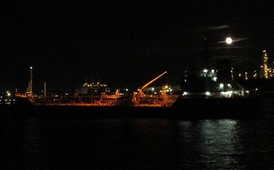 After photographing tanker Esta Desgagnes at the Corunna fuel dock in the afternoon, I was surprised to find her upstream after dark, at anchor in the middle of the river.