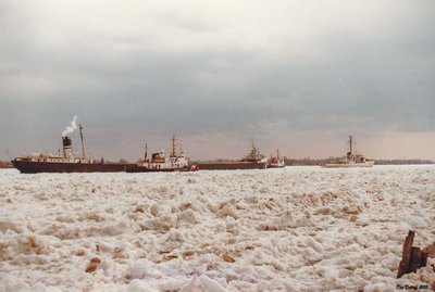 Ships stuck in thick ice.<br /><br />                                Unknown Photo