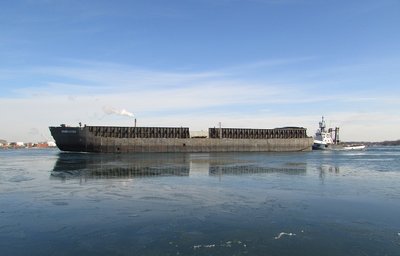 Anglian Lady pushing Ironmaster with ease after several days of fighting the ice in the lower St. Clair River.
