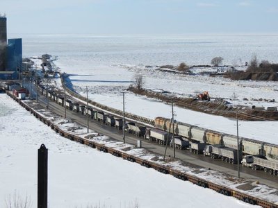 Trucks lined up waiting to load salt at the mine.