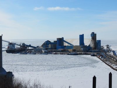 View of Goderich Harbour and Compass/Sifto Salt mine, largest in the world. Algoma Innovator can be seen loading salt.