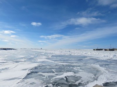Looking out at Goderich Breakwall and harbour entrance completely ice covered.