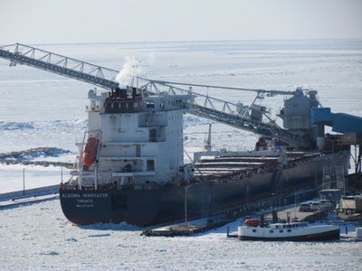 High above view of the Algoma Innovator loading looking out on Lake Huron.