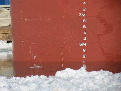 Bow loading marks in meters. Open water in front of bow was the only water I could see in the harbour.