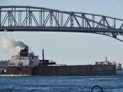 James R. Barker (Duluth) sweeps onto Lake Huron behind Algoma Sault.