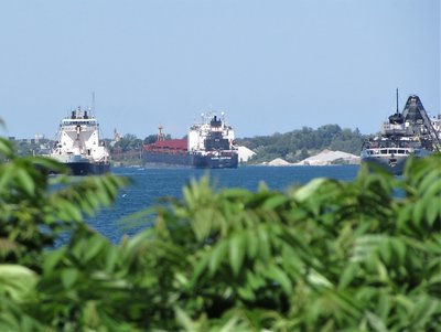 From my vantage point at the former DTE park, I captured the up-bound Algoma Discovery and Saginaw, and down-bound Sam Laud, in one shot.
