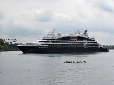 The ultra-modern passenger liner Le Champlain approaches Marysville, stopping traffic all along River Road.  Camera buffs swarmed to the river for their best shot. Her AIS destination is "Flowerpot" perhaps a code name?