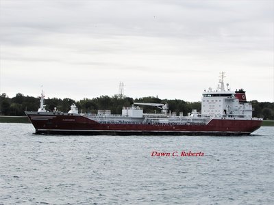 Tanker Algonorth moving slowly toward one of the Sarnia fuel docks as a light rain begins falling.