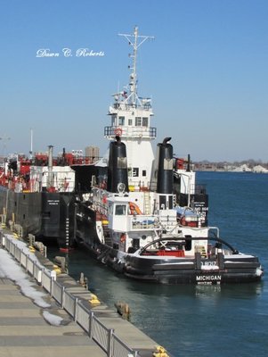 Tug Michigan and tanker barge Great Lakes sitting a spell at the former Bean Dock, south of Port Huron.