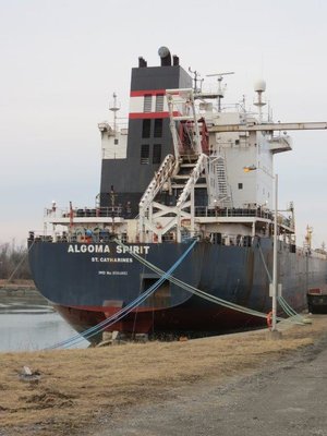Stern of Algoma Spirit at Wharf 12, Stone dock in Port Colborne, Ontario.