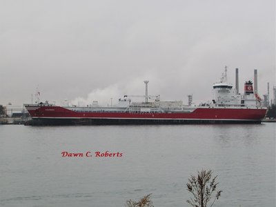 After a lengthy stay in the Sarnia Anchorage, tanker Algonorth returned to the upper fuel dock under dark and rain swollen skies.