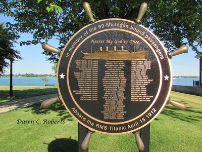 This marker made clear the Michigan connection to Titanic. The names of individuals and (apparently) entire families bound to Benton Harbor, Calumet, Chelsea, Detroit, Dowagiac, Gladstone, Halley (Holly?), Hancock, Houghton,Iron Mountain, Manistee, Pontiac, Port Huron and Sault Ste. Marie are listed.