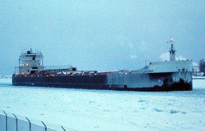 Ice clings to her &amp; she has no forward structure. Think of the ice she would be carrying if she had a bow-mounted unloader like the "Stones".