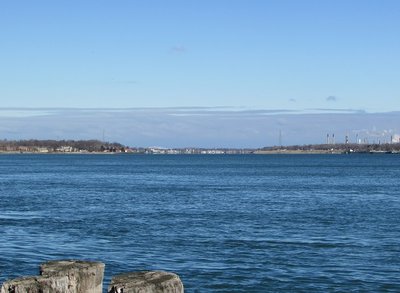 Looking up-river from south of Marysville.  On the horizon (left side of the river) the Bluewater Bridges is visible.