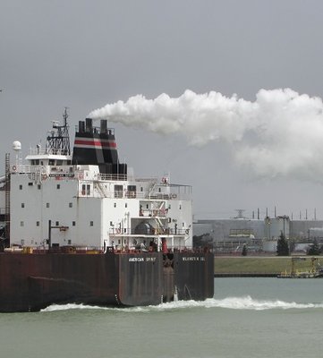 I know Interlake is equipping some of their boats with scrubbers.  That white emissions plume has me wondering if American Steamship is doing the same thing?