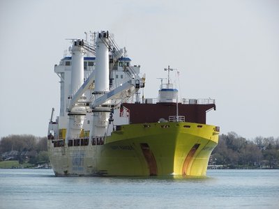 Her cargo of windmill blades was delivered in Bay City, and by mid-morning Happy Ranger left the anchorage, down-bound to Hamilton.
